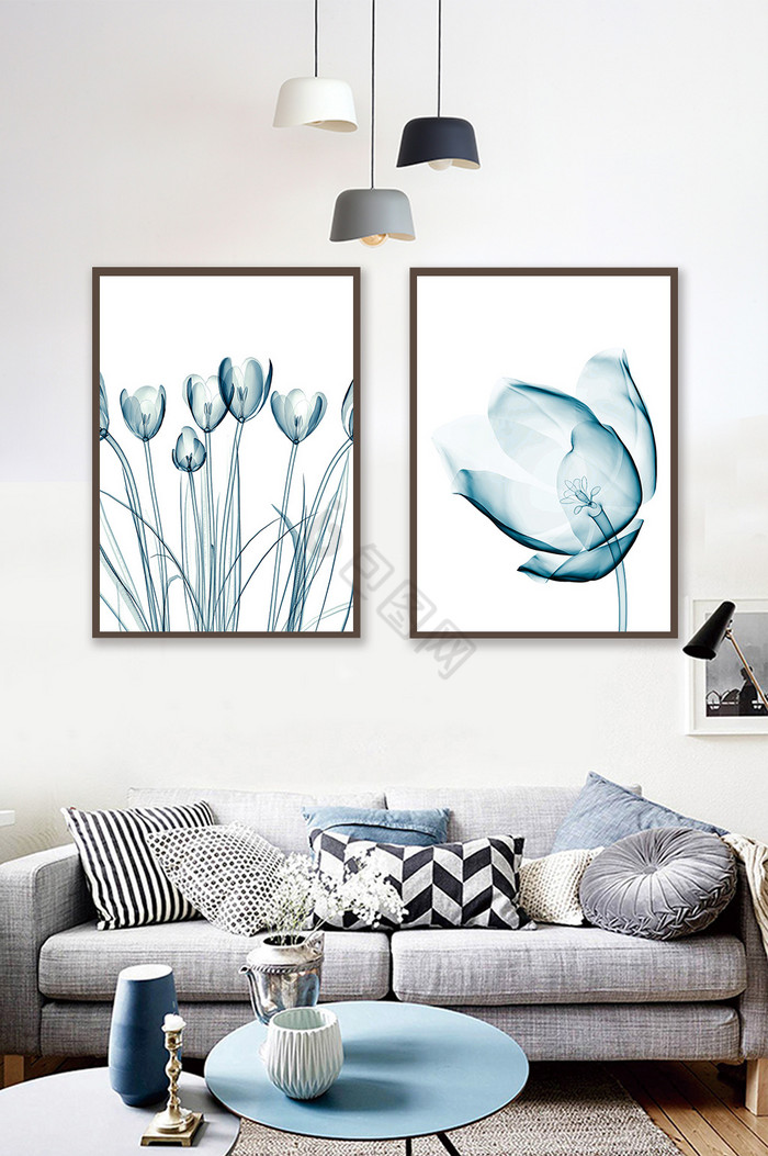 现代简约透明质感植物花卉装饰画蓝色花卉图片