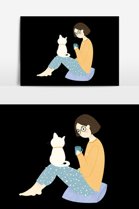 手绘猫咪与女孩插画元素