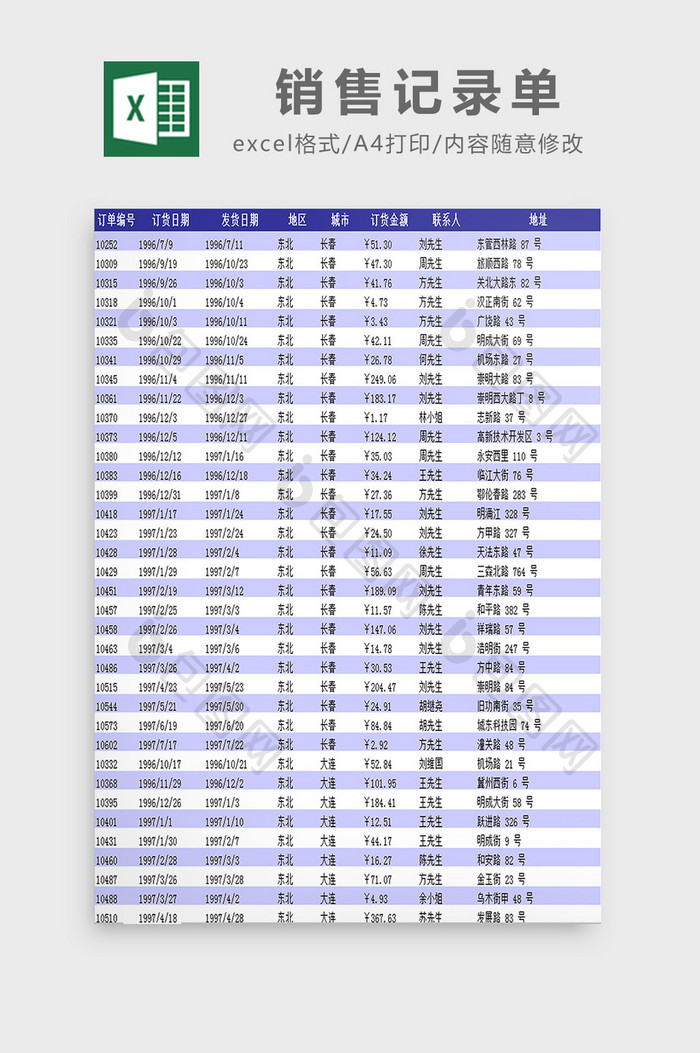 销售记录单excel模板