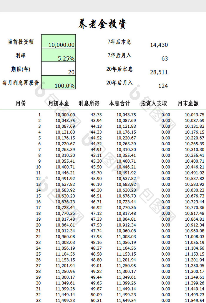 养老金投资计算器excel模板