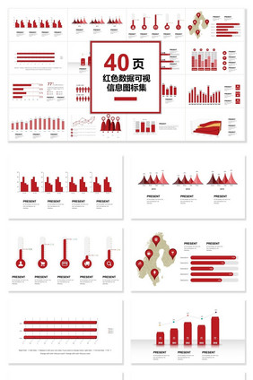 40页红色数据图表集PPT模板