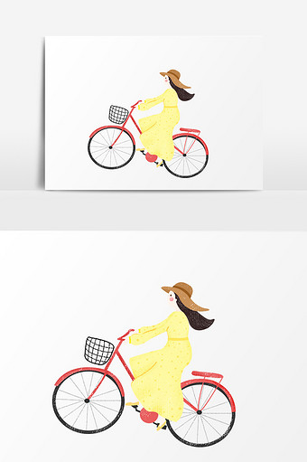 骑自行车黄衣女孩插画元素图片