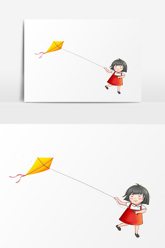 可爱放风筝女孩插画元素图片