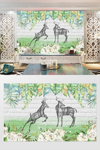 北欧小清新植物麋鹿背景墙图片