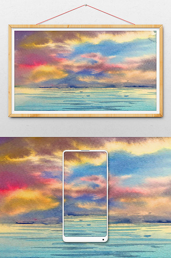 暖色夏日夕阳海景水彩手绘素材图片