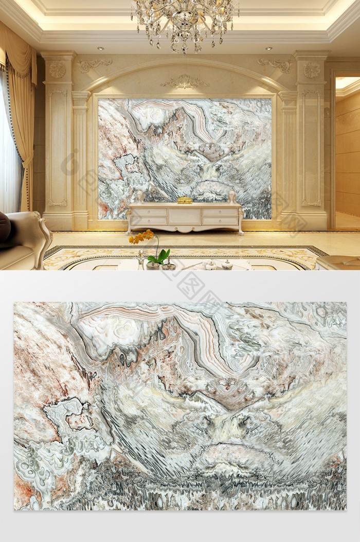 高清3D大理石纹山水花日出背景墙抽象