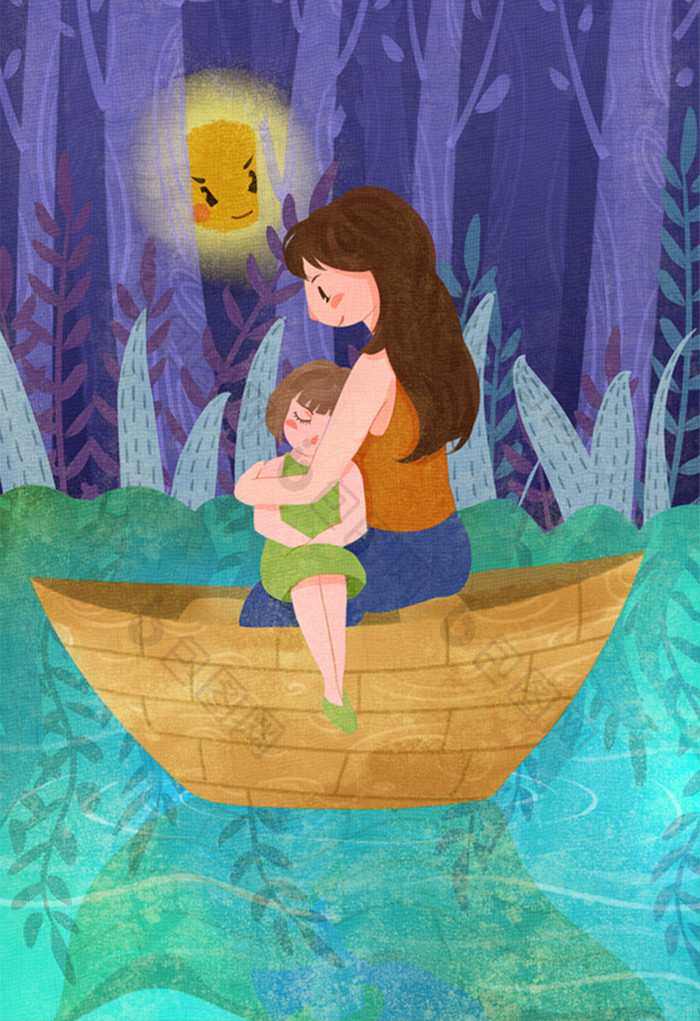 唯美母亲与孩子在梦幻森林的水面上插画