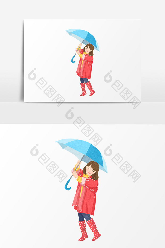 雨中打伞女孩插画元素