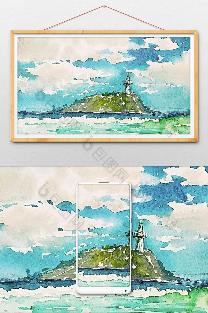 蓝色调夏日大海水彩手绘插画素材