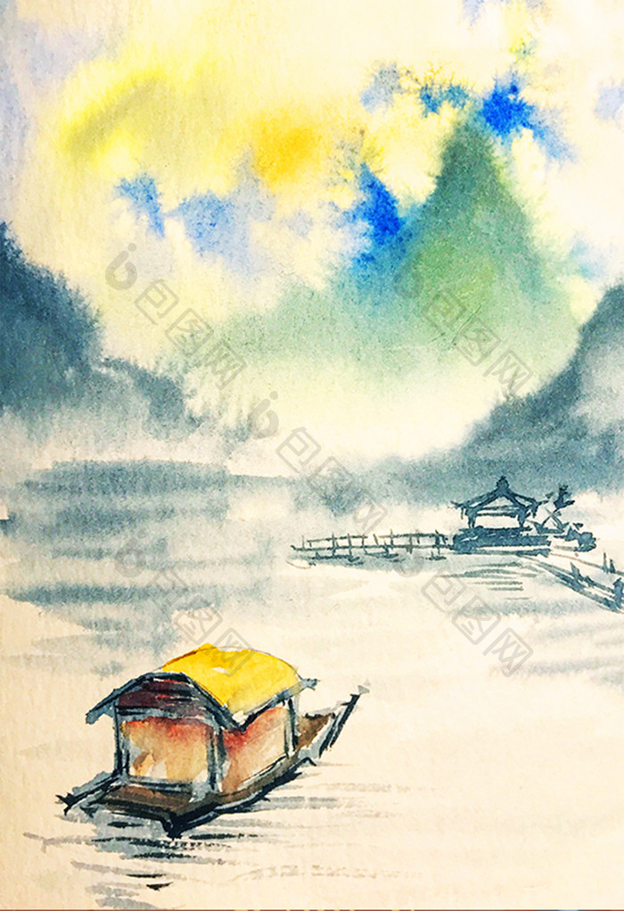 绿色调清新夏日山水水彩手绘插画素材