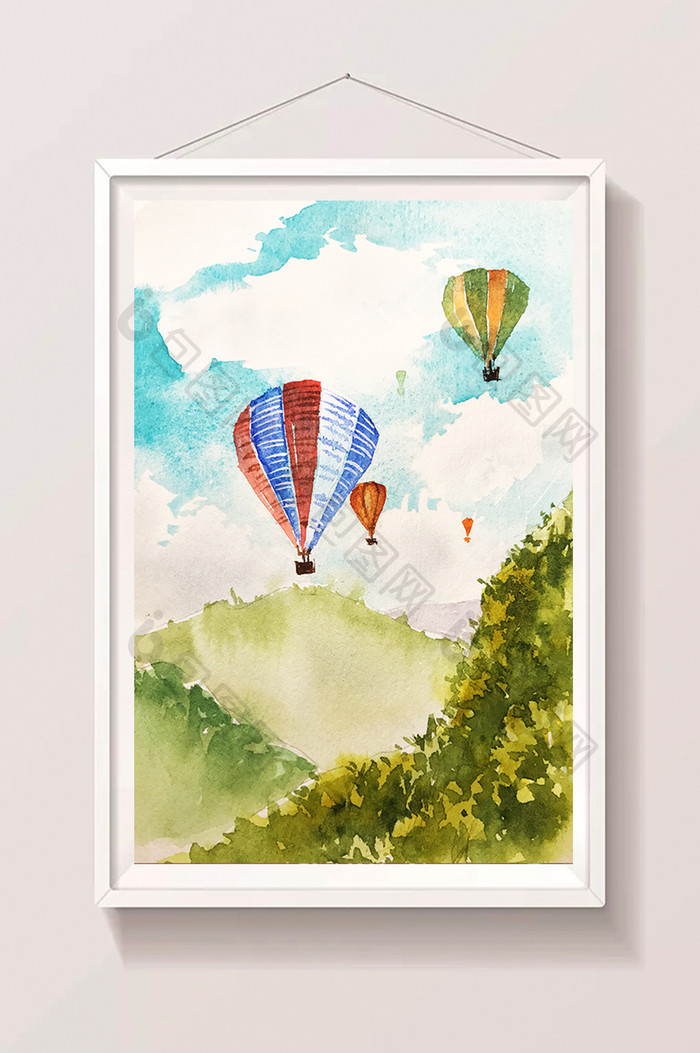 绿色调夏日山水热气球水彩手绘插画素材