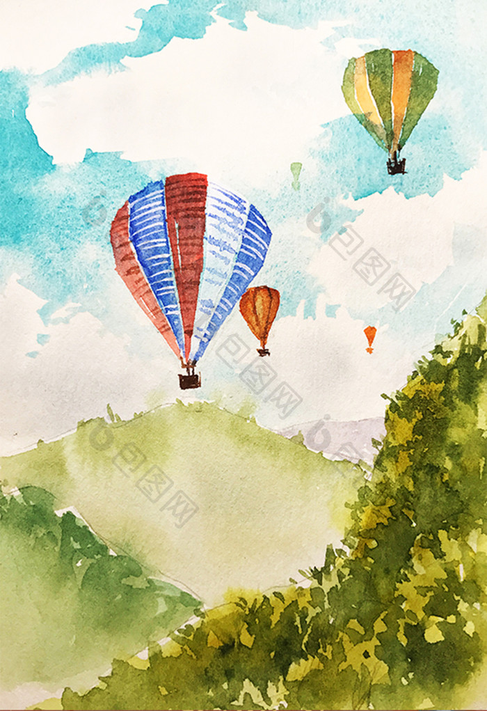 绿色调夏日山水热气球水彩手绘插画素材