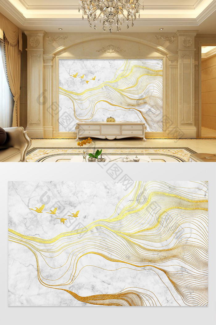 大理石纹理金色线条浮雕抽象山纹电视背景