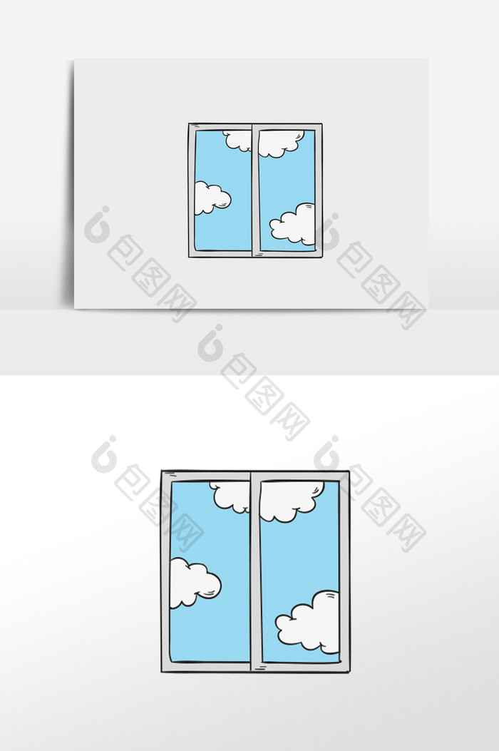 蓝天白云窗户插画元素