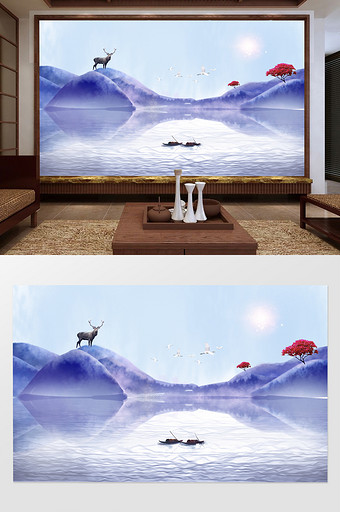 新中式山水麋鹿渔船客厅电视背景墙图片