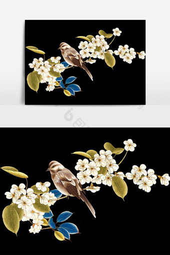 手绘水彩古典花鸟元素图片