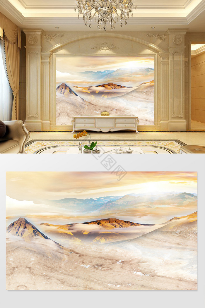 高清3D大理石纹山水花日出背景墙日出九州图片