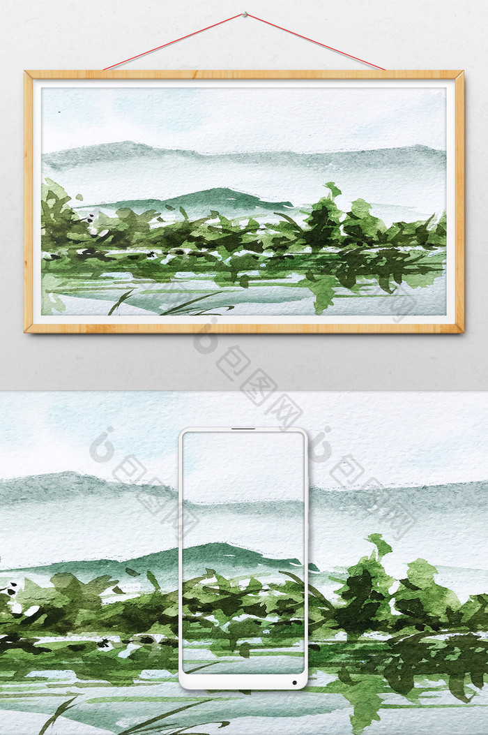 暗绿色山水水彩手绘插画背景