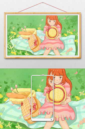 唯美清新可爱卡通少女女孩出游外出野餐插画图片