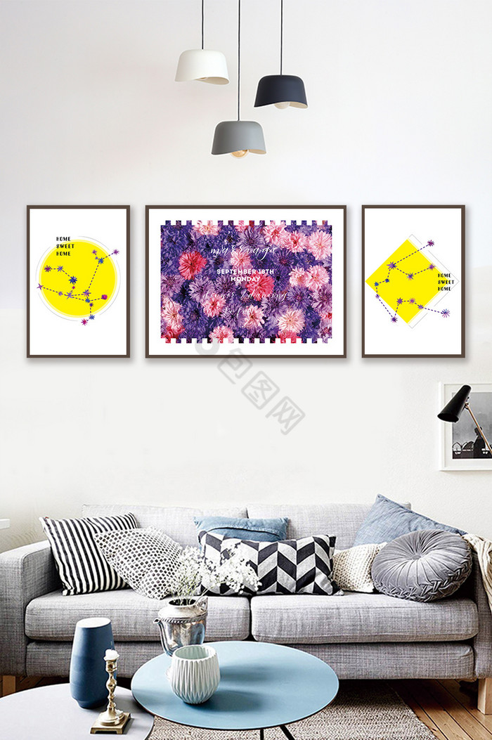 丰富彩色鲜花花朵星座图紫色三联装饰画图片