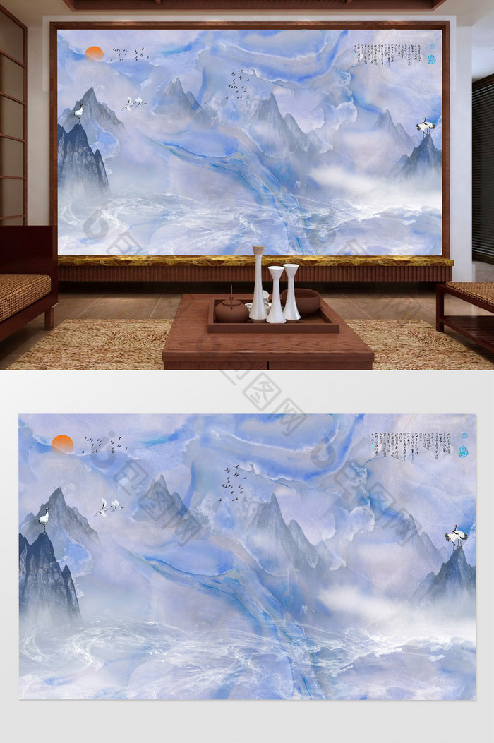 新中式水墨山水大理石客厅电视背景墙设计