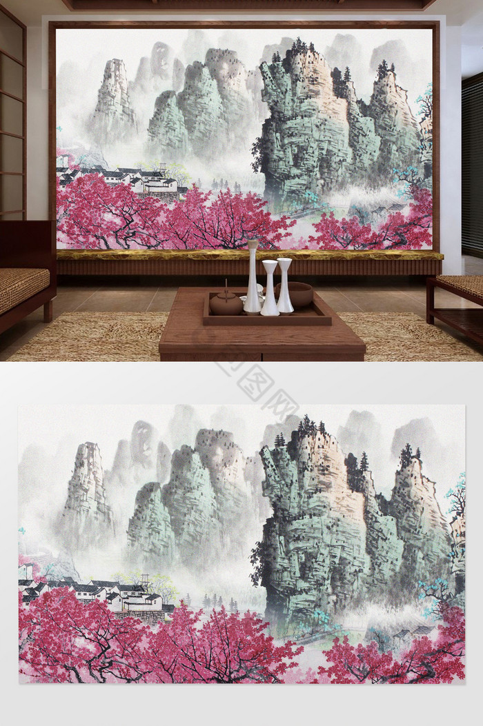 中式山水桃花客厅电视背景墙图片