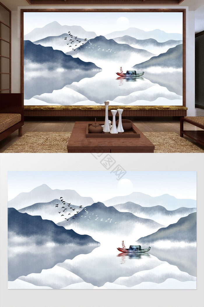 中式手绘山水电视背景墙图片