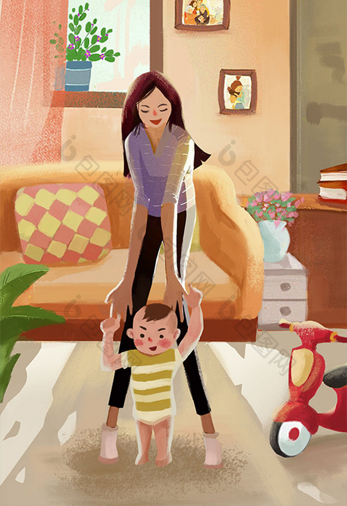 母亲节妈妈牵着儿子学步温馨时刻插画设计