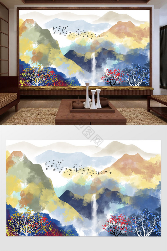 中式彩色抽象山水电视背景墙图片