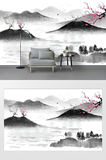 新中式中国风水墨意境山水背景墙图片