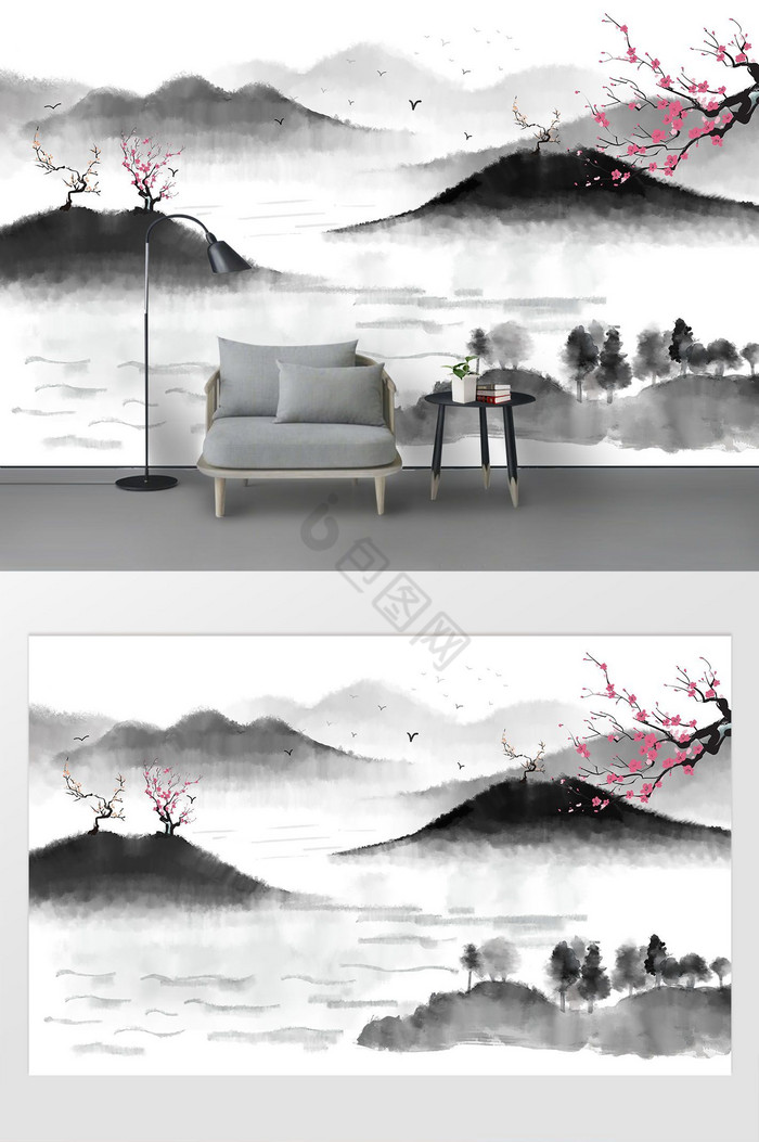 新中式水墨意境山水背景墙图片