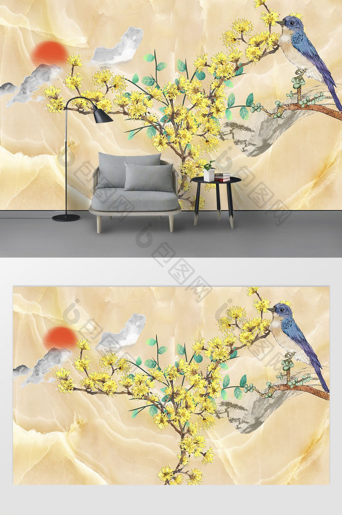 新中式花鸟仙境大理石客厅电视背景墙设计