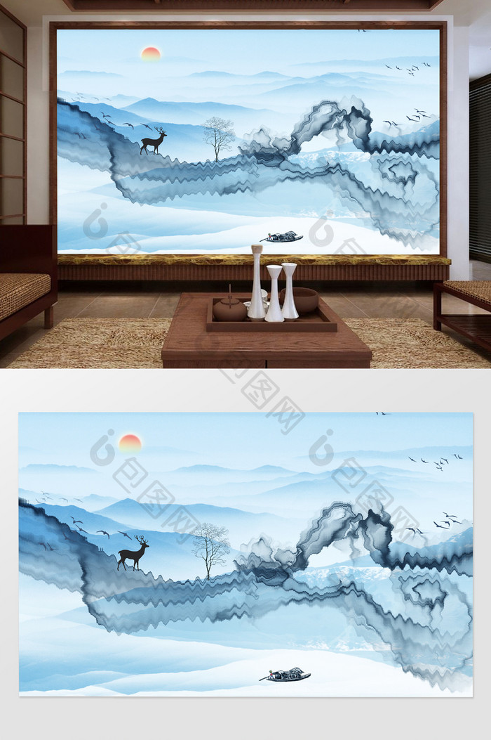 新中式蓝色山水日出客厅电视背景墙