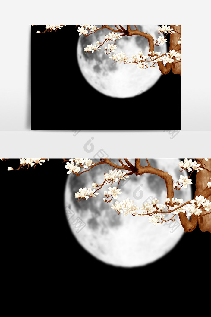 古典月亮玉兰花枝元素素材