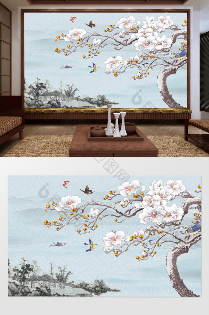 中式工笔画玉兰花水墨山水电视背景墙