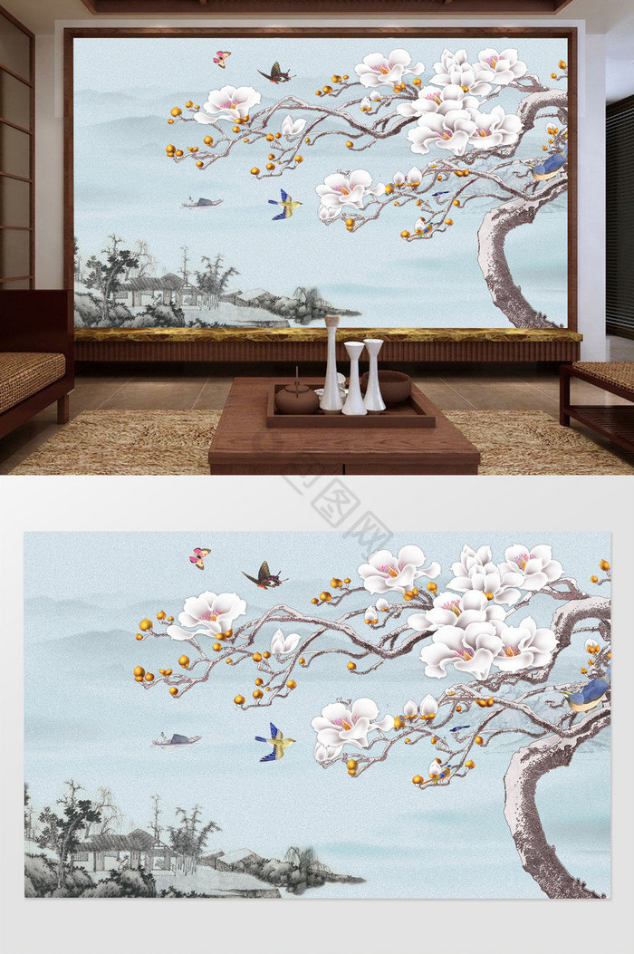 中式工笔画玉兰花水墨山水电视背景墙图片