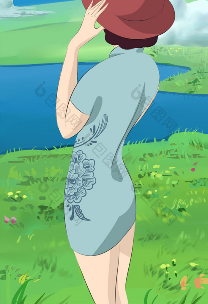 宫崎骏式小清新旗袍女性手绘插画草地湖面