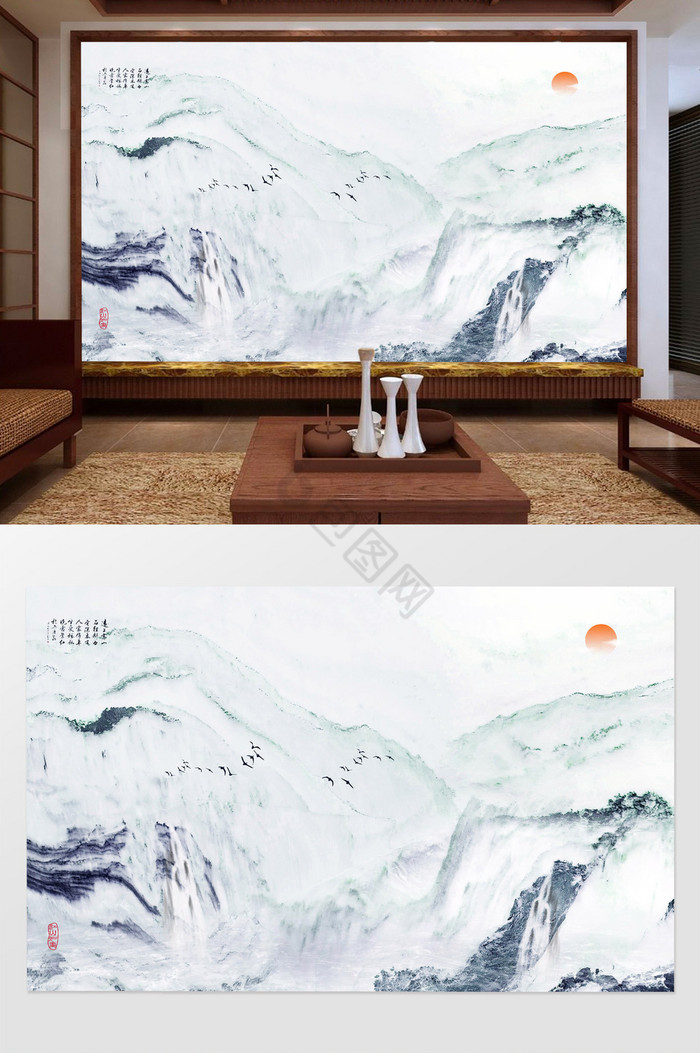 新中式水墨山水高清大理石电视背景墙图片