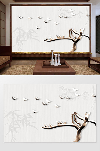 中国风3d浮雕树枝小鸟电视背景墙图片
