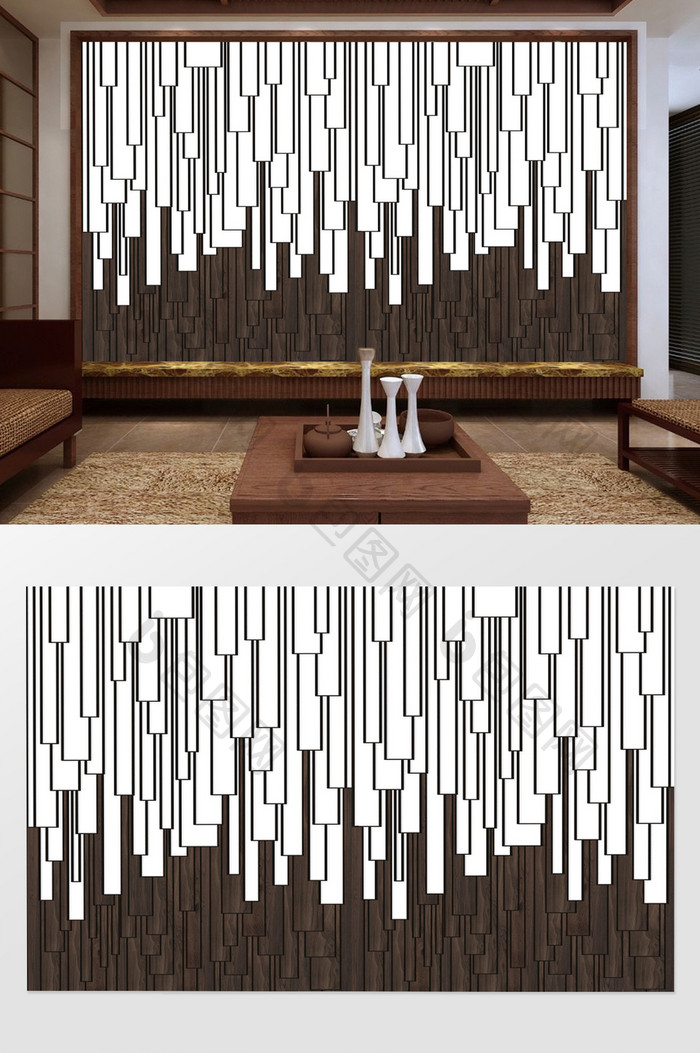中式几何木纹浮雕电视背景墙