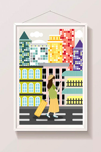 可爱女生时尚都市城市旅行插画图片