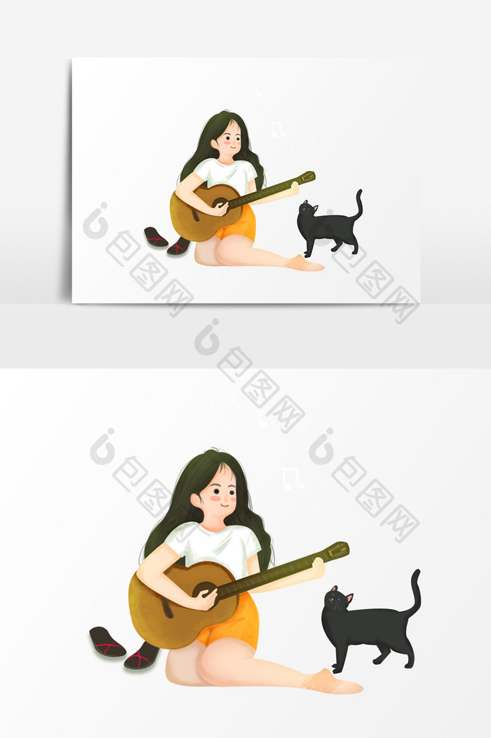 弹吉他女孩插画元素
