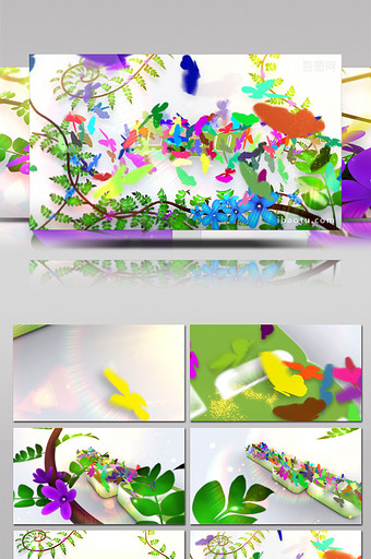 多彩蝴蝶飞舞花朵树枝藤条清新美好AE模板图片