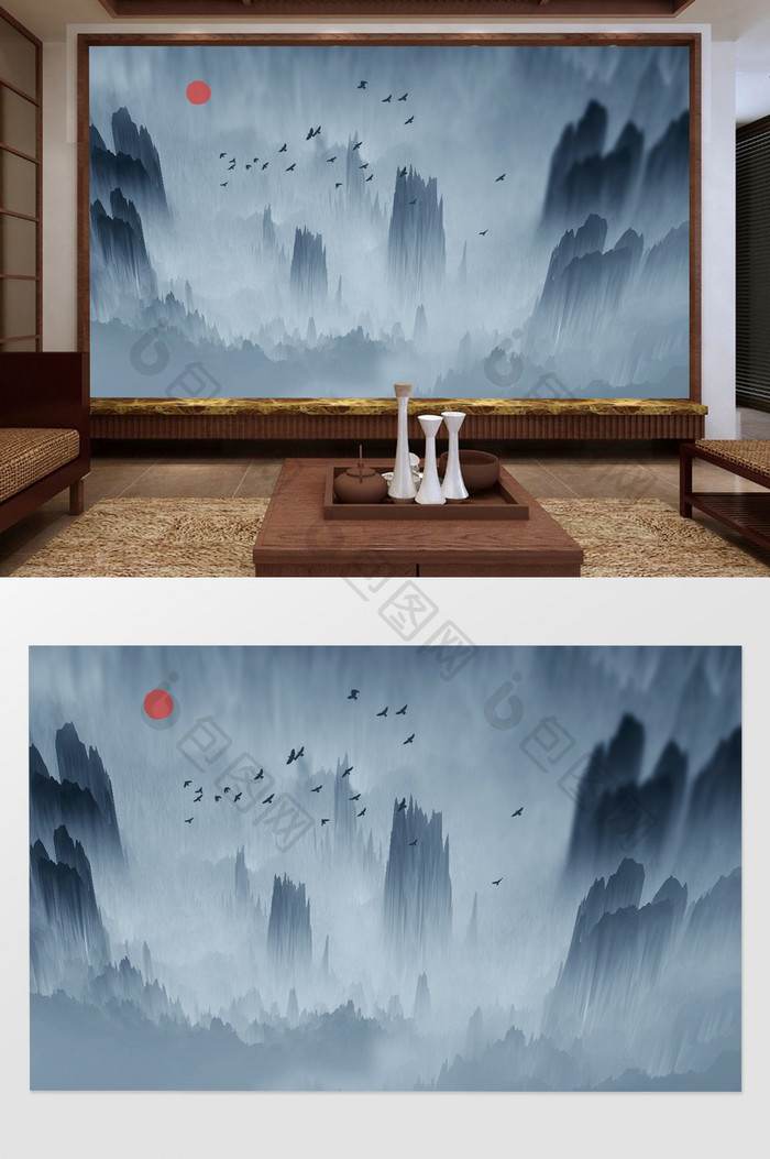 新中式山水中国风水墨大雁客厅电视背景墙
