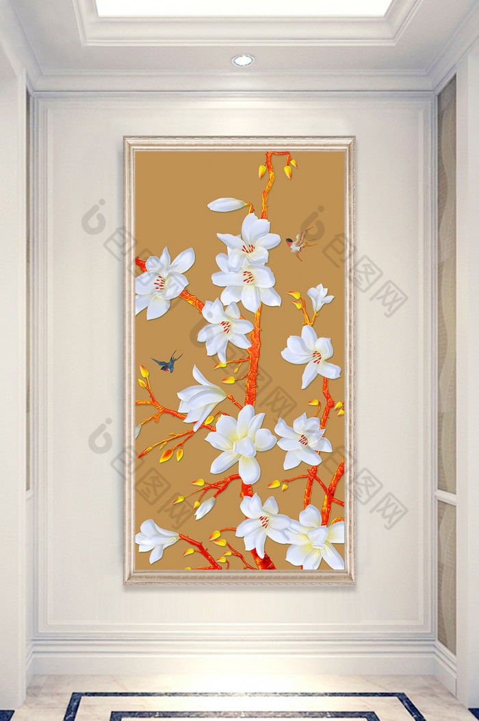 白玉浮雕白色花朵玄关装饰画图片图片