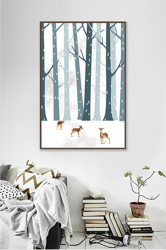 现代简约冬季森林小鹿装饰画动物装饰画图片