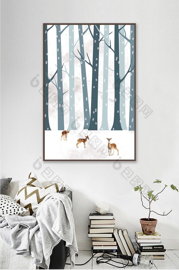 现代简约冬季森林小鹿装饰画动物装饰画