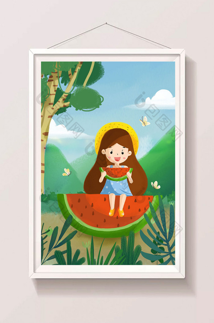 清新简洁立夏节吃西瓜的小女孩插画