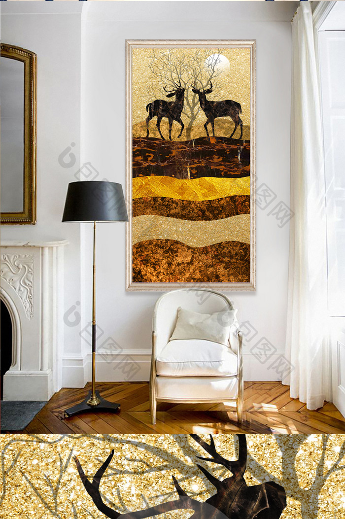 北欧金色抽象麋鹿玄关装饰画
