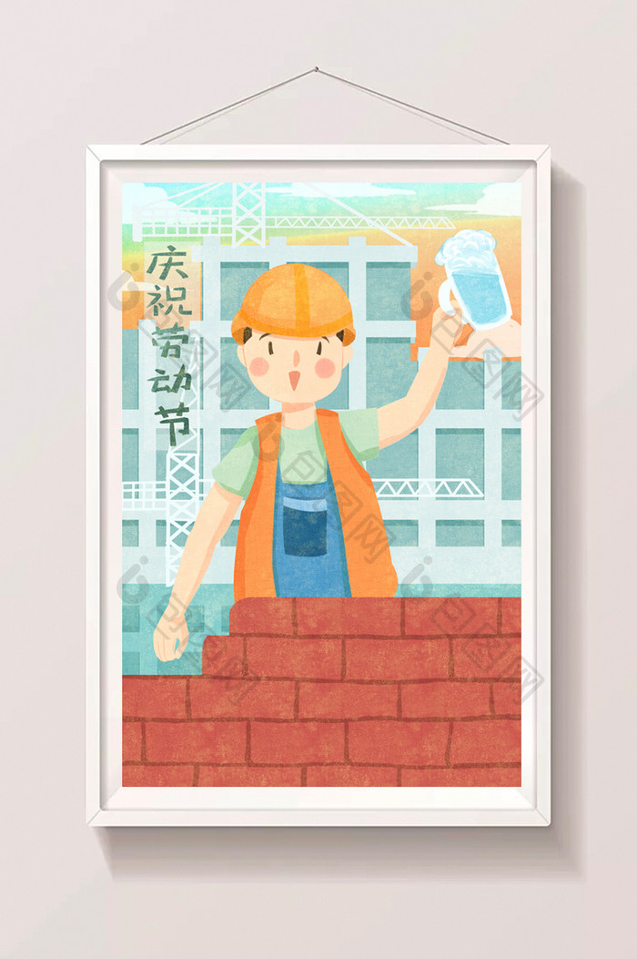 清新卡通可爱建筑工人庆祝劳动节插画